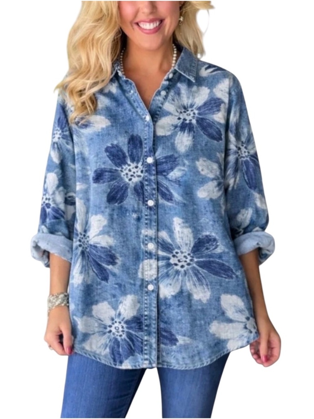Women’s Blue Floral Button-Up Jean Top Size L NWT